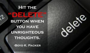 Delete button on a keyboard with quote about thoughts from Boyd Packer.